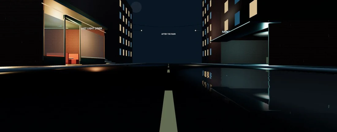 A quiet nighttime street with warm diner windows beneath dark buildings