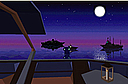Harbor Cruise deck looking over purple water beneath the moon