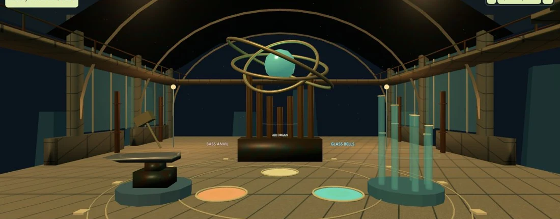 A brass-toned hall with glowing rings and an intricate orrery at its center