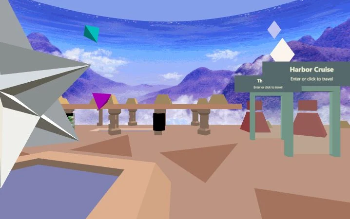 Low-polygon Utopia Gateway plaza, with geometric structures and a blue mountain sky