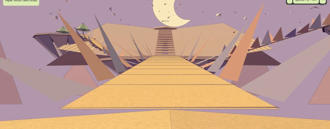 A folded-paper bridge leading toward a golden crescent moon in a pink sky